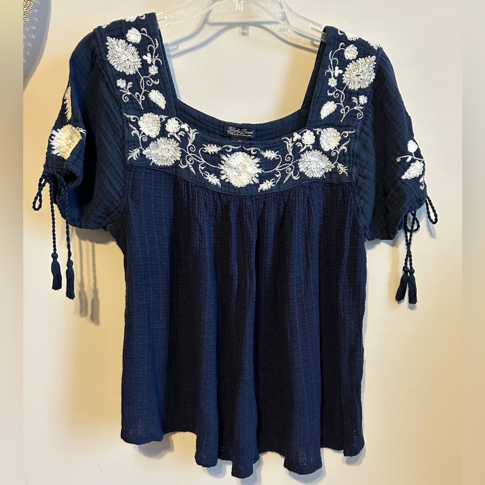 Lucky Brand embroidered gauzy top blue M